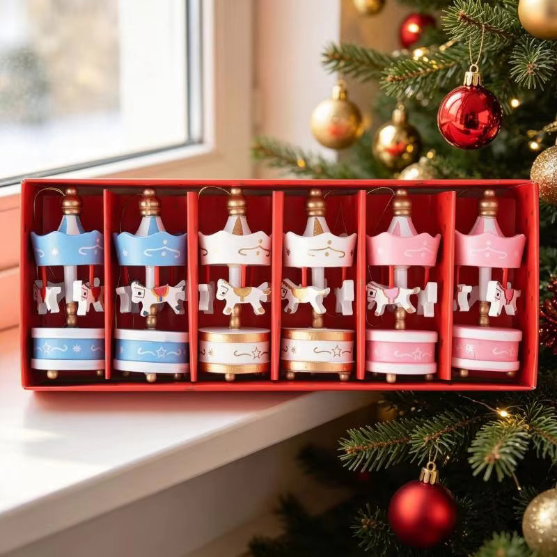 Mini Wooden Carousel Xmas Ornaments Creative Decorative Hanging Pendants for Christmas Tree Home Party Holiday Decor