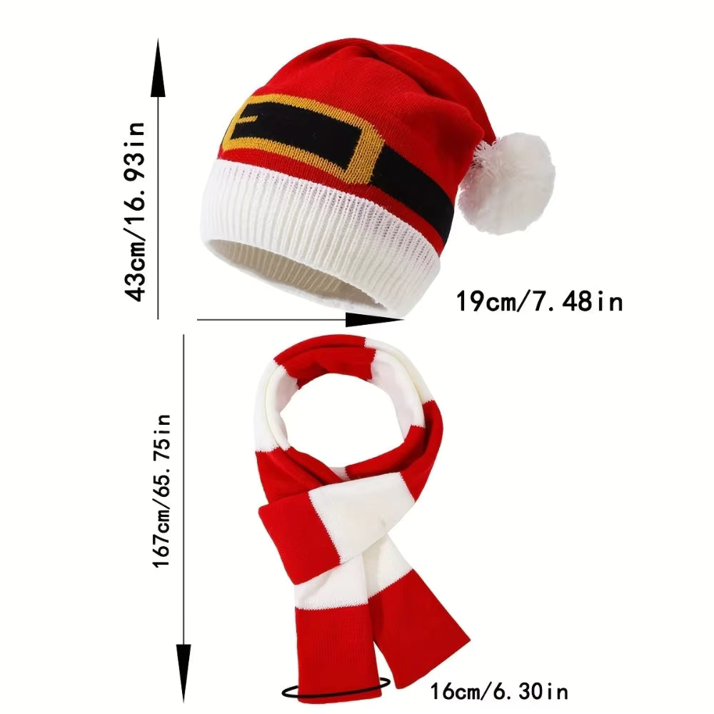 Christmas Knitted Hat Scarf Set, Holiday Dress Up, Hairball Warmth, Red and White Christmas Theme Two Piece Set, Accessories