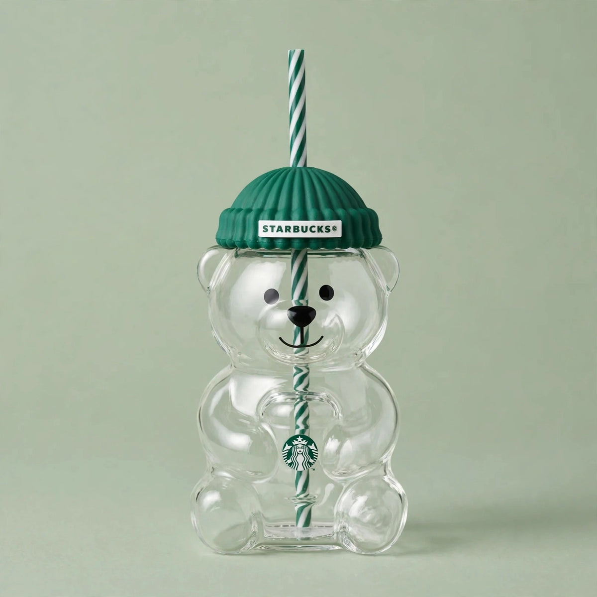 Starbucks Bearista Bear Glass Cup - 16oz / 470ml - Green Knit Beanie Collection - Double Wall Glass with Straw - Luxury Edition