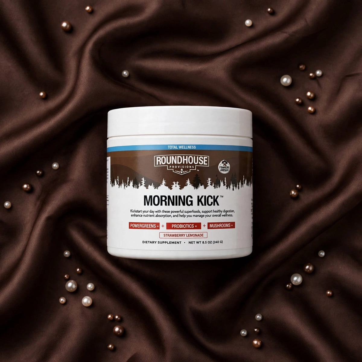Roundhouse Provisions Morning Kick - Superfood Powder with Powergreens, Probiotics & Mushrooms | Strawberry Lemonade - 8.5oz (240g)