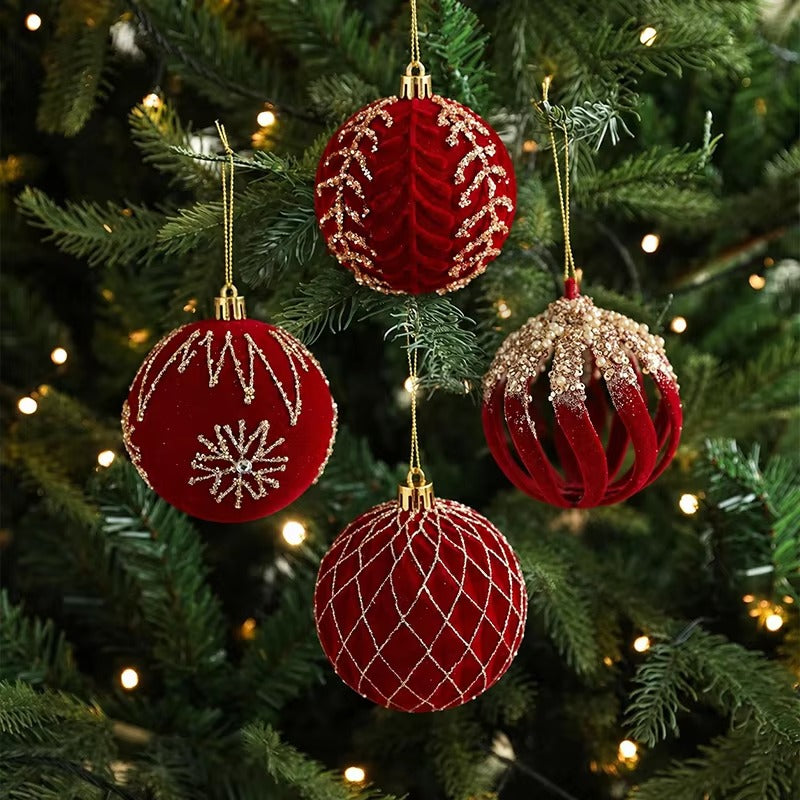 6PCS Luxury Red Velvet Christmas Balls Ornament Set