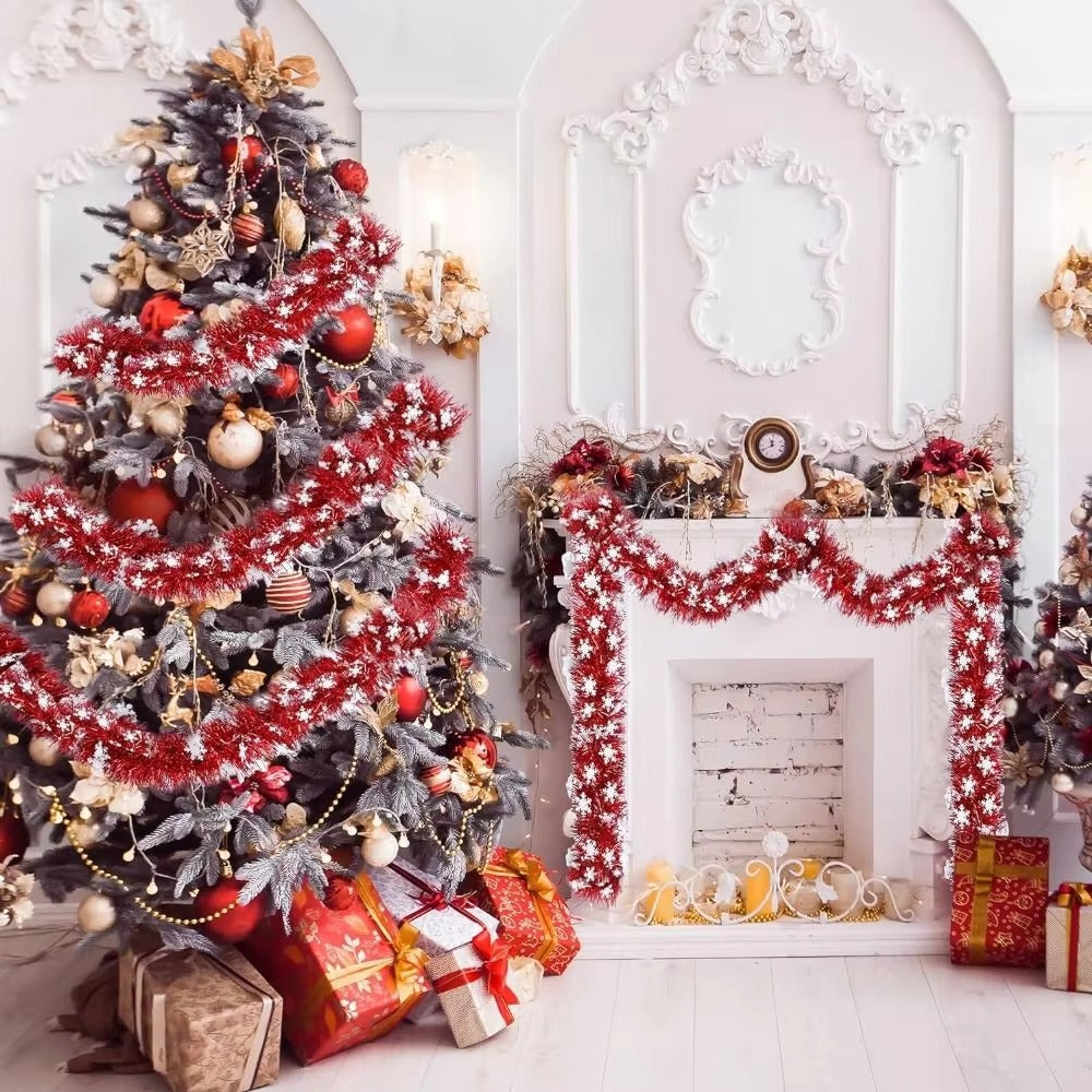 Red Snowflake Tinsel Garland for Christmas Tree and Fireplace - 2M