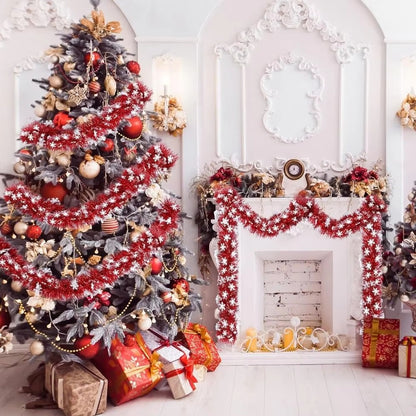 Red Snowflake Tinsel Garland for Christmas Tree and Fireplace - 2M