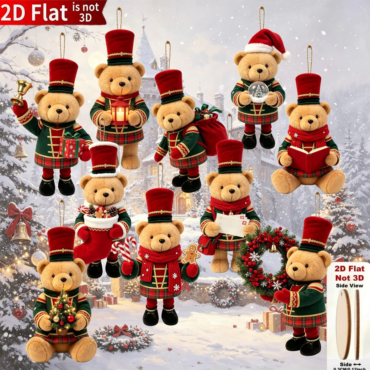  10PCS Christmas Teddy Bear 2D Flat Wooden Ornaments Set