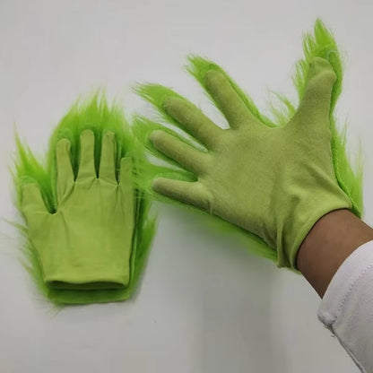 Christmas Hat Santa Hat with Green Fur Gloves for Women Men Animal Devil Xmas Green Monster Costume Party Supplies