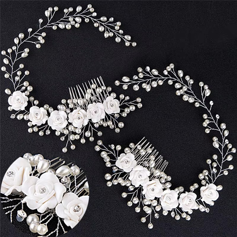 Pearl Floral Bridal Hair Vine - White Rose Wedding Hair Comb