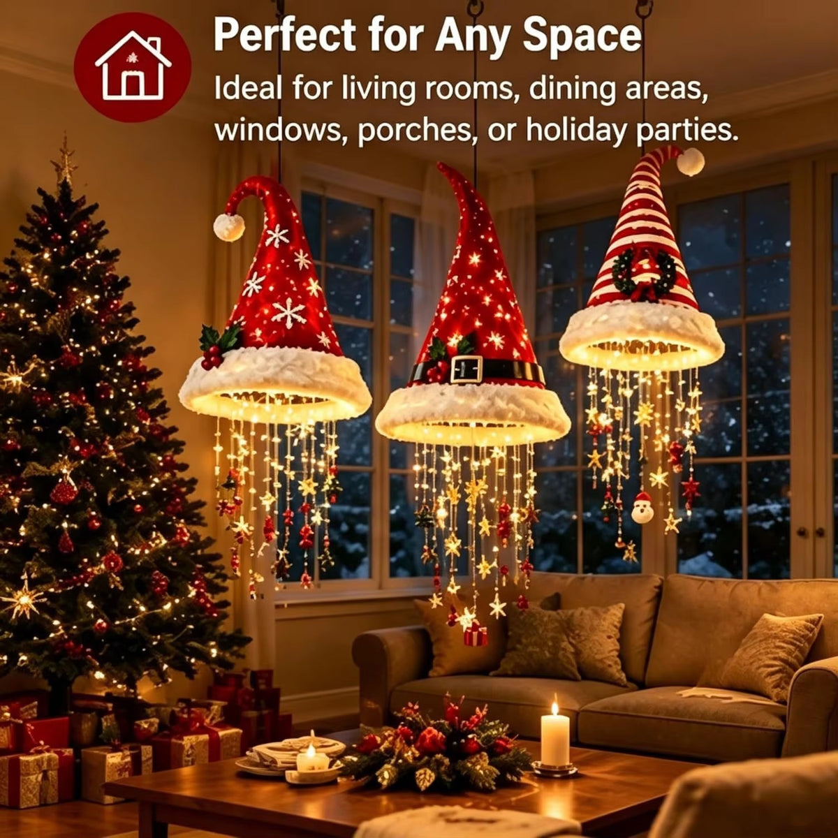 LED Santa Hat Hanging Light Christmas Hat Pendant Lamp with Tassel Bell Star Ornaments Xmas New Year Party Decoration Gift