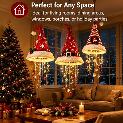 LED Santa Hat Hanging Light Christmas Hat Pendant Lamp with Tassel Bell Star Ornaments Xmas New Year Party Decoration Gift