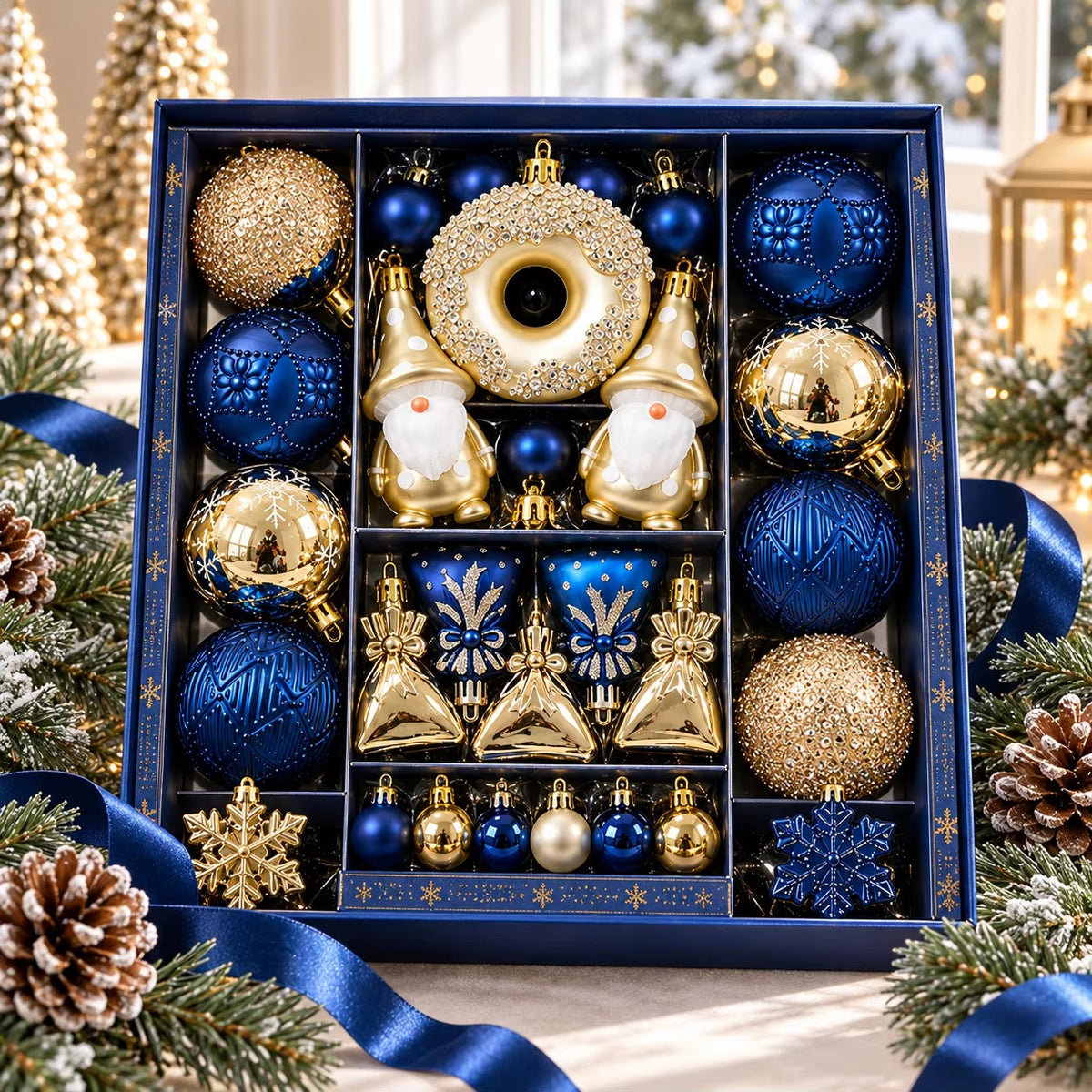 30PCS Royal Blue and Gold Christmas Ball Ornament Box Set