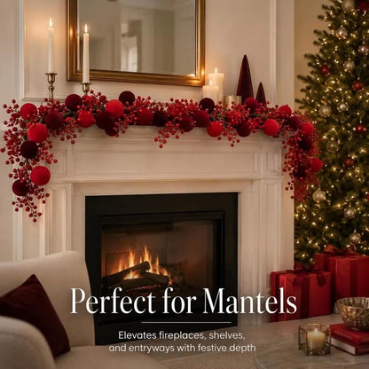 Christmas Red Velvet Ball Garland with Berries