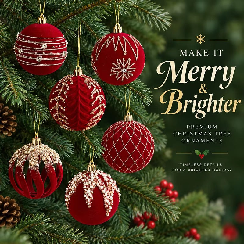 6PCS Luxury Red Velvet Christmas Balls Ornament Set