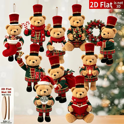 10PCS Christmas Teddy Bear 2D Flat Wooden Ornaments Set