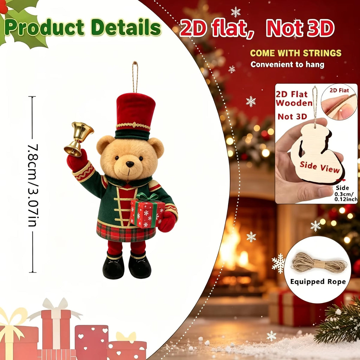 10PCS Christmas Teddy Bear 2D Flat Wooden Ornaments Set