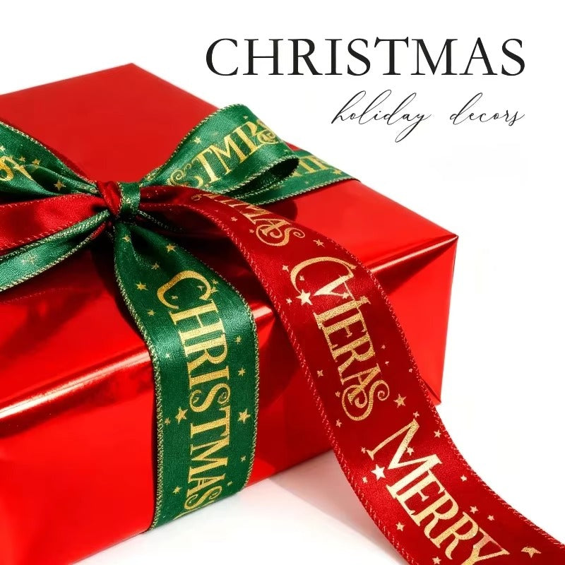 Christmas Wired Edge Satin Ribbon 3Yards Gold Foil Merry Xmas Print for Gift Wrapping Wreath Tree Home Holiday Decor