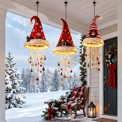 LED Santa Hat Hanging Light Christmas Hat Pendant Lamp with Tassel Bell Star Ornaments Xmas New Year Party Decoration Gift