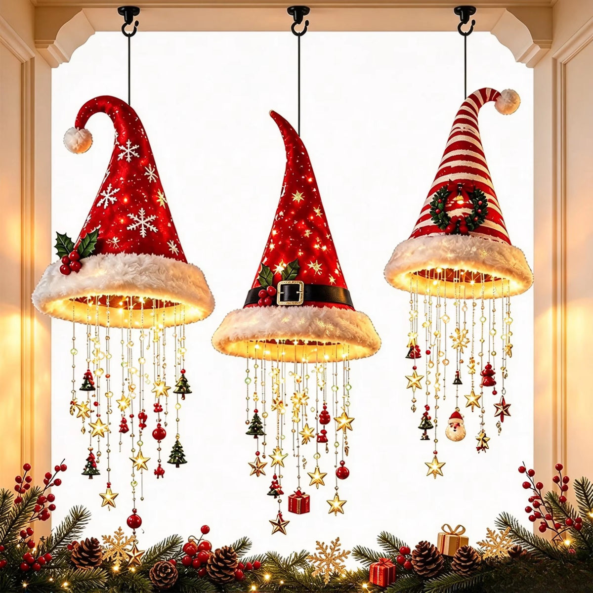 LED Santa Hat Hanging Light Christmas Hat Pendant Lamp with Tassel Bell Star Ornaments Xmas New Year Party Decoration Gift