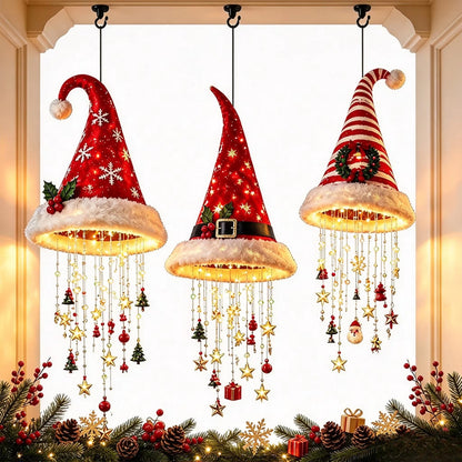 LED Santa Hat Hanging Light Christmas Hat Pendant Lamp with Tassel Bell Star Ornaments Xmas New Year Party Decoration Gift