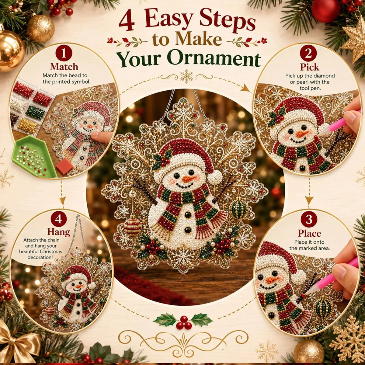 6 DIY Diamond Painting Snowman Christmas Ornament Kit
