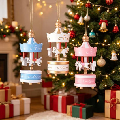 Mini Wooden Carousel Xmas Ornaments Creative Decorative Hanging Pendants for Christmas Tree Home Party Holiday Decor