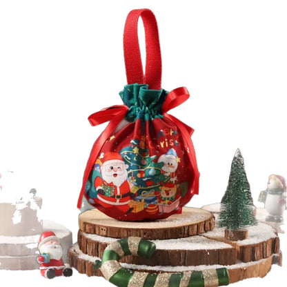 6Pcs Christmas Drawstring Gift Bags Non Woven Fabric Candy Pouch Santa Snowman Tree Print Xmas Party Favor Bags for Small Gifts