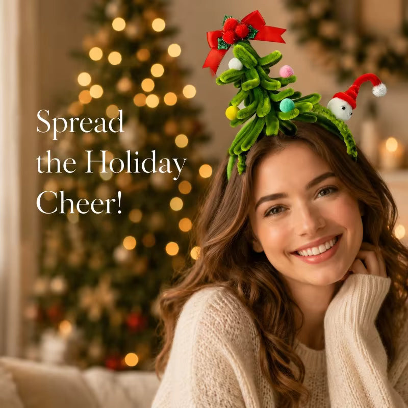 Christmas Headband Christmas Tree Pom Pom Red Bow Santa Hat Hair Accessory Festive Hairband Party Gift for Women Girls