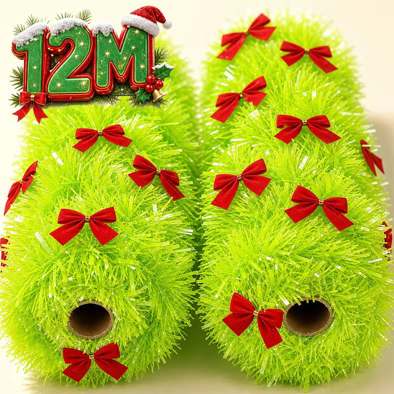 Christmas Garland Green Tinsel Wreath Red Bowknot Christmas Tinsel Ribbons Xmas Tree Ornament DIY Wreath Hanging Pendent Decor