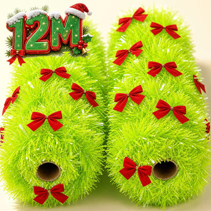 Christmas Garland Green Tinsel Wreath Red Bowknot Christmas Tinsel Ribbons Xmas Tree Ornament DIY Wreath Hanging Pendent Decor