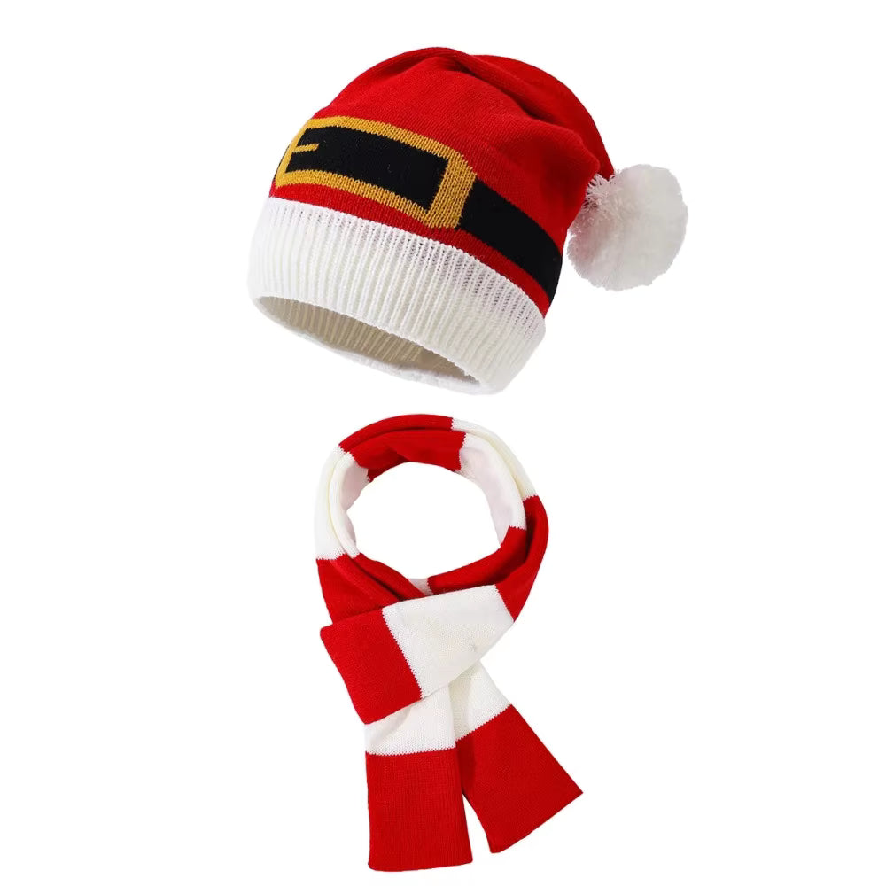 Christmas Knitted Hat Scarf Set, Holiday Dress Up, Hairball Warmth, Red and White Christmas Theme Two Piece Set, Accessories