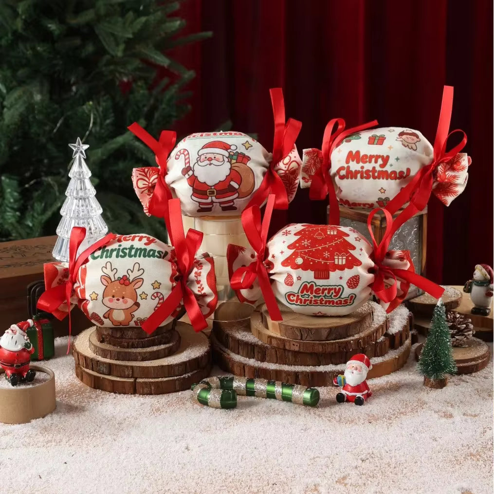 6Pcs Christmas Drawstring Gift Bags Non Woven Fabric Candy Pouch Santa Snowman Tree Print Xmas Party Favor Bags for Small Gifts