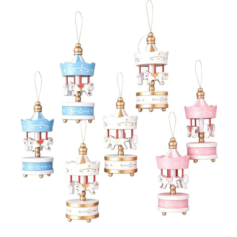 Mini Wooden Carousel Xmas Ornaments Creative Decorative Hanging Pendants for Christmas Tree Home Party Holiday Decor
