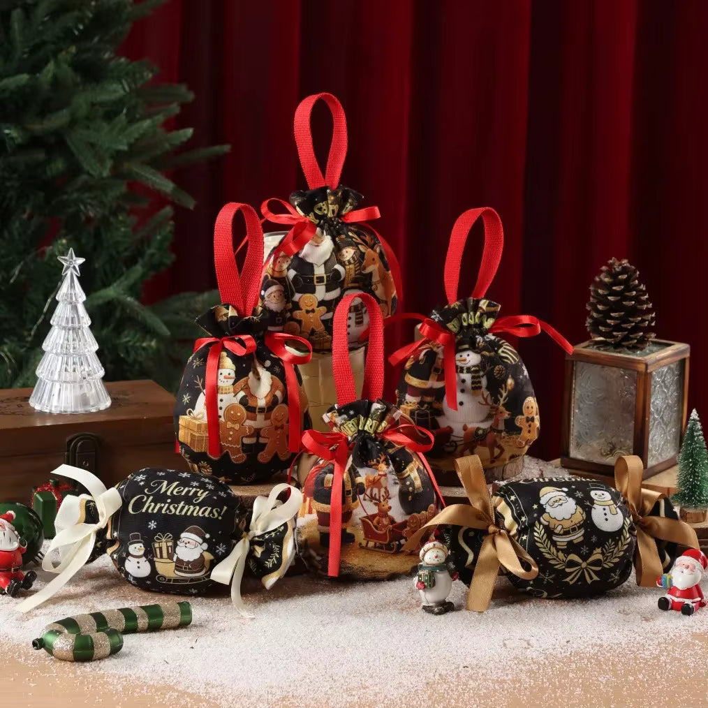 6Pcs Christmas Drawstring Gift Bags Non Woven Fabric Candy Pouch Santa Snowman Tree Print Xmas Party Favor Bags for Small Gifts