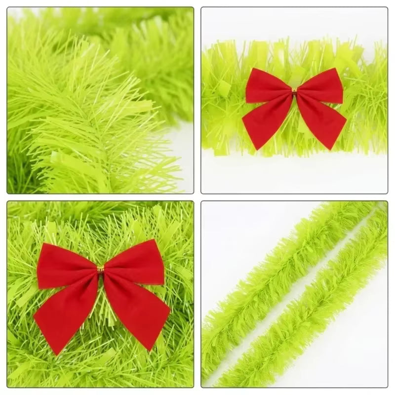 Christmas Garland Green Tinsel Wreath Red Bowknot Christmas Tinsel Ribbons Xmas Tree Ornament DIY Wreath Hanging Pendent Decor