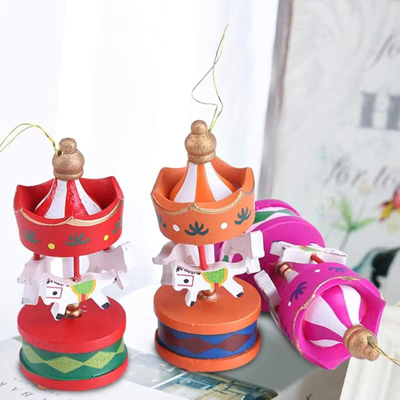 Mini Wooden Carousel Xmas Ornaments Creative Decorative Hanging Pendants for Christmas Tree Home Party Holiday Decor