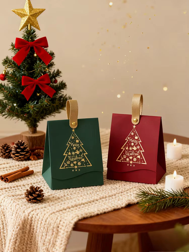 12PCS Christmas Gift Boxes with Leather Handles 'Christmas Tree' Pattern, Christmas Gift Wrapping, Christmas Party Gift Boxes
