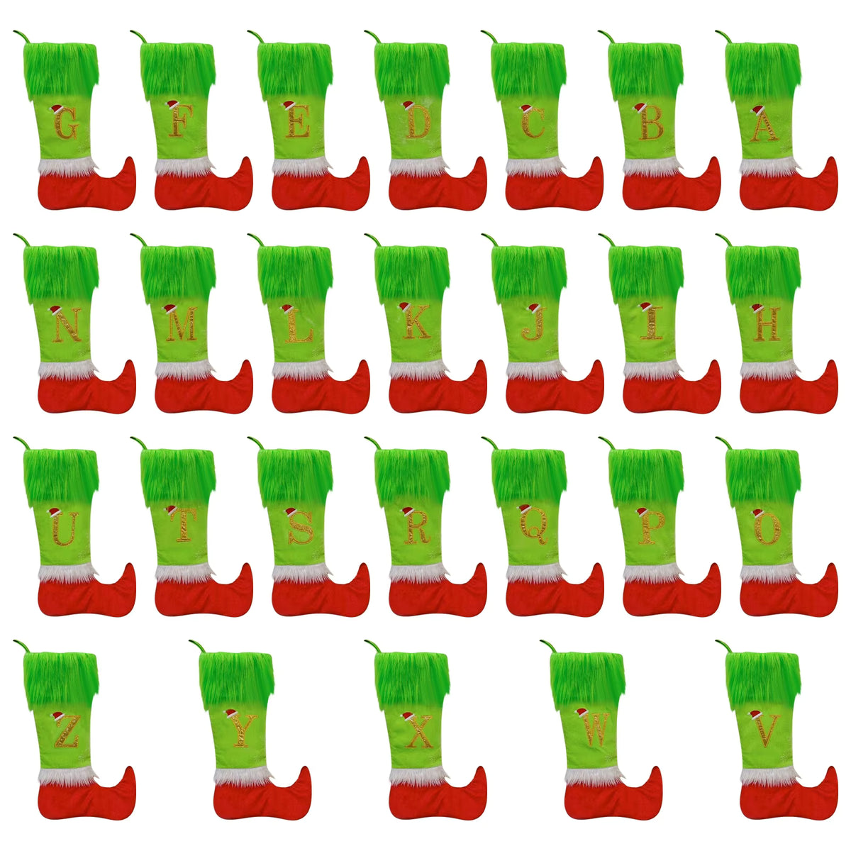 Christmas Stocking Grinch Elf Boot Glitter Letter D Faux Fur Fireplace Decoration Gift Stocking Christmas Accessory