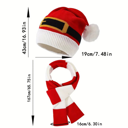Christmas Knitted Hat Scarf Set, Holiday Dress Up, Hairball Warmth, Red and White Christmas Theme Two Piece Set, Accessories