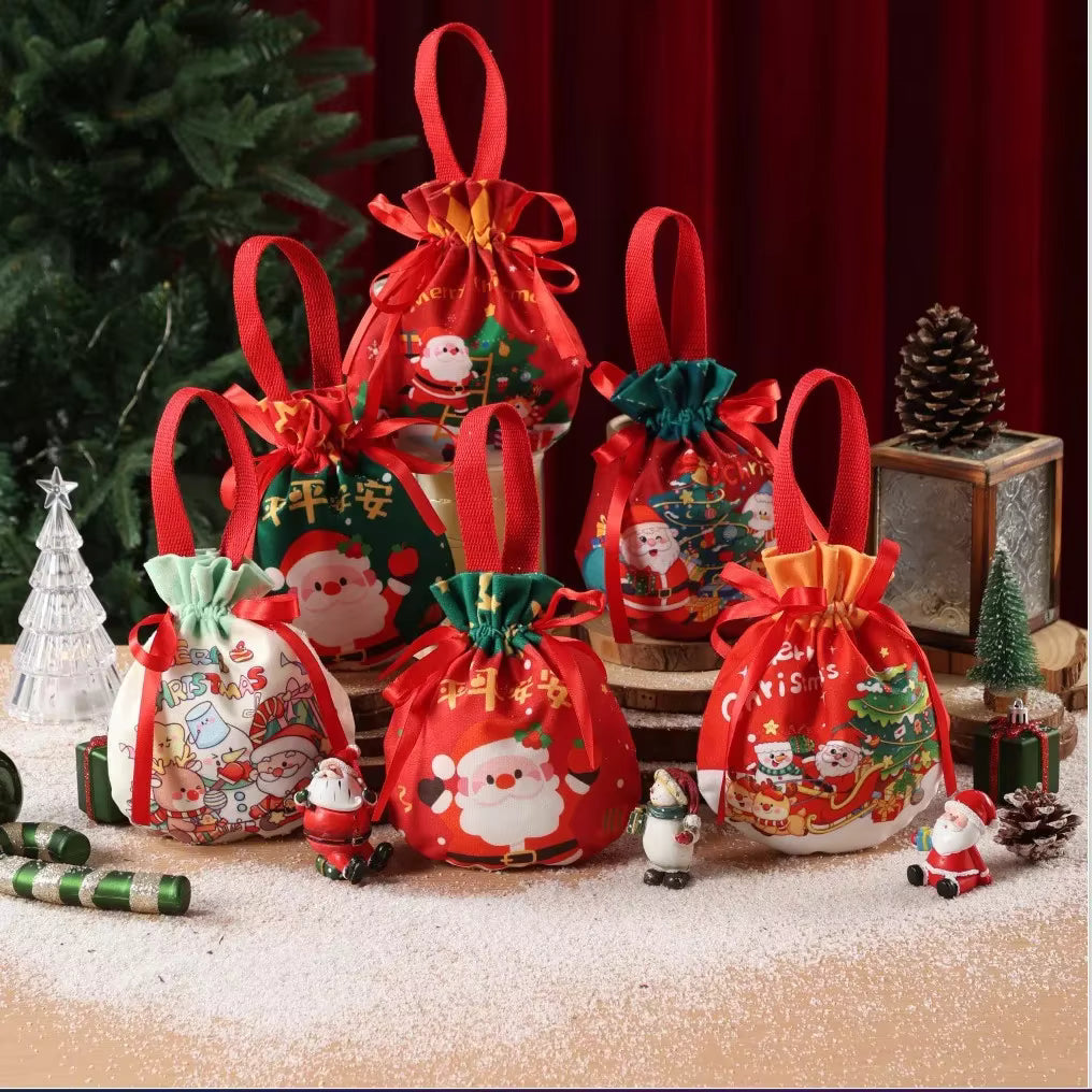 6Pcs Christmas Drawstring Gift Bags Non Woven Fabric Candy Pouch Santa Snowman Tree Print Xmas Party Favor Bags for Small Gifts