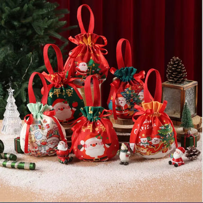 6Pcs Christmas Drawstring Gift Bags Non Woven Fabric Candy Pouch Santa Snowman Tree Print Xmas Party Favor Bags for Small Gifts