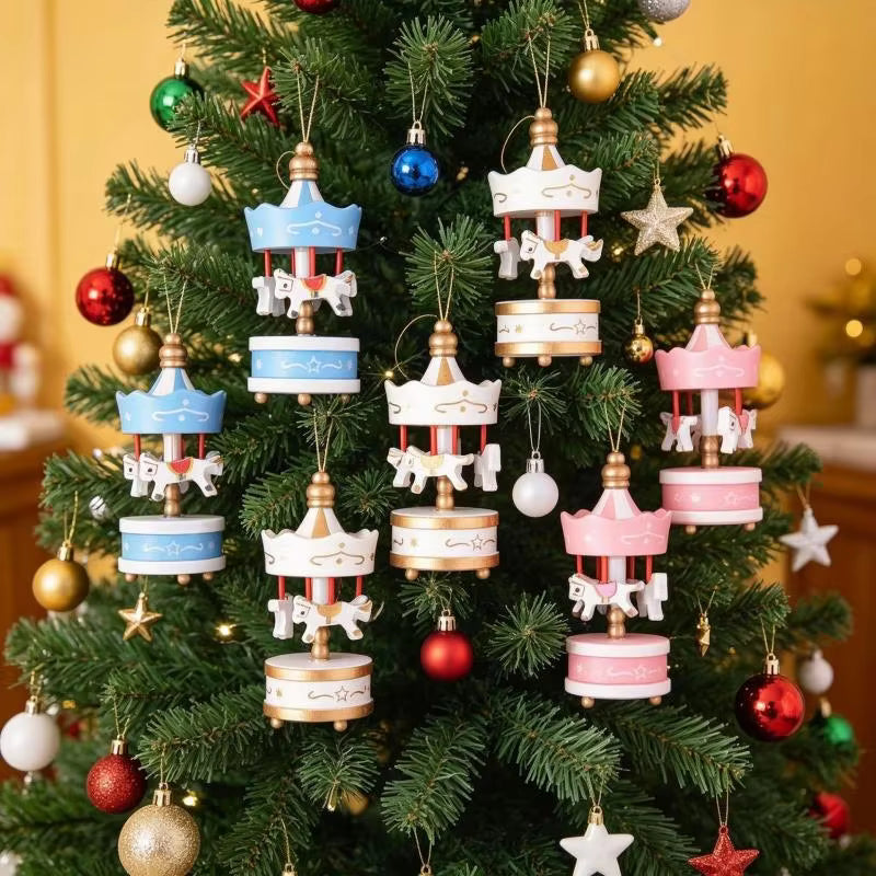 Mini Wooden Carousel Xmas Ornaments Creative Decorative Hanging Pendants for Christmas Tree Home Party Holiday Decor
