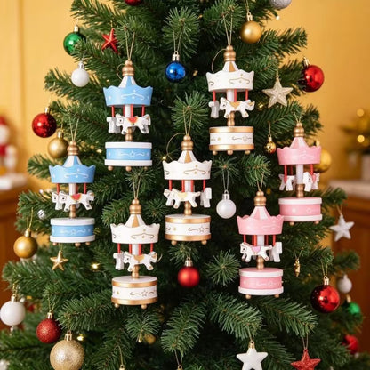 Mini Wooden Carousel Xmas Ornaments Creative Decorative Hanging Pendants for Christmas Tree Home Party Holiday Decor
