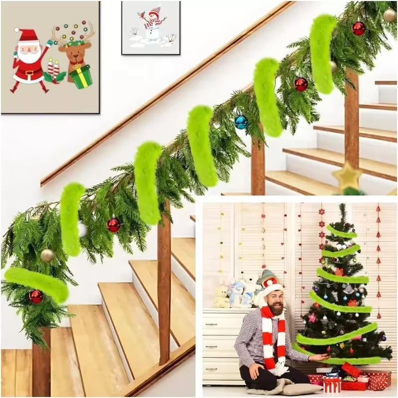 500cm Green with Faux Fur Ribbon Trim Fabric Roll Winding Christmas Tree Garland Furry Soft Artificial Fur Strip for Decoration