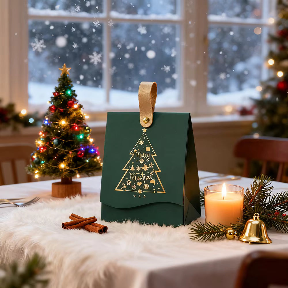 12PCS Christmas Gift Boxes with Leather Handles 'Christmas Tree' Pattern, Christmas Gift Wrapping, Christmas Party Gift Boxes
