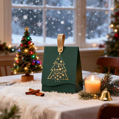 12PCS Christmas Gift Boxes with Leather Handles 'Christmas Tree' Pattern, Christmas Gift Wrapping, Christmas Party Gift Boxes