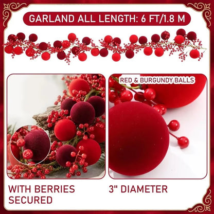 Christmas Red Velvet Ball Garland with Berries