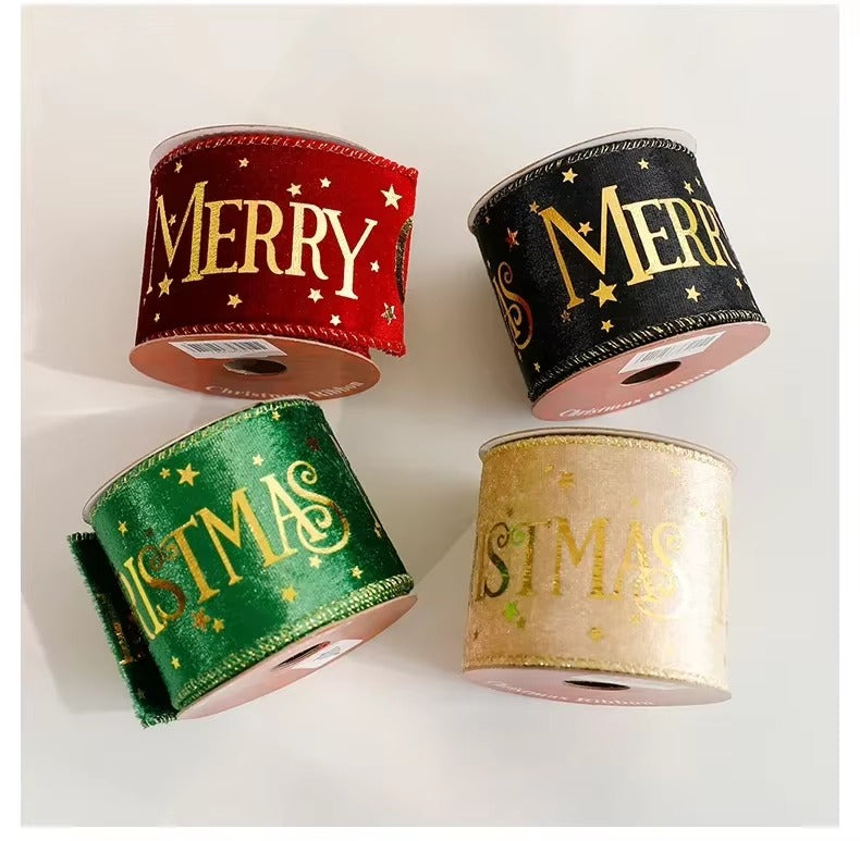 Christmas Wired Edge Satin Ribbon 3Yards Gold Foil Merry Xmas Print for Gift Wrapping Wreath Tree Home Holiday Decor