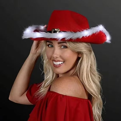 Fashion Santa Claus Party Christmas Luminous Cowboy Hat Western Red Felt Hats Wide Brim Cowgirl Hat Jazz Hat for Women Men