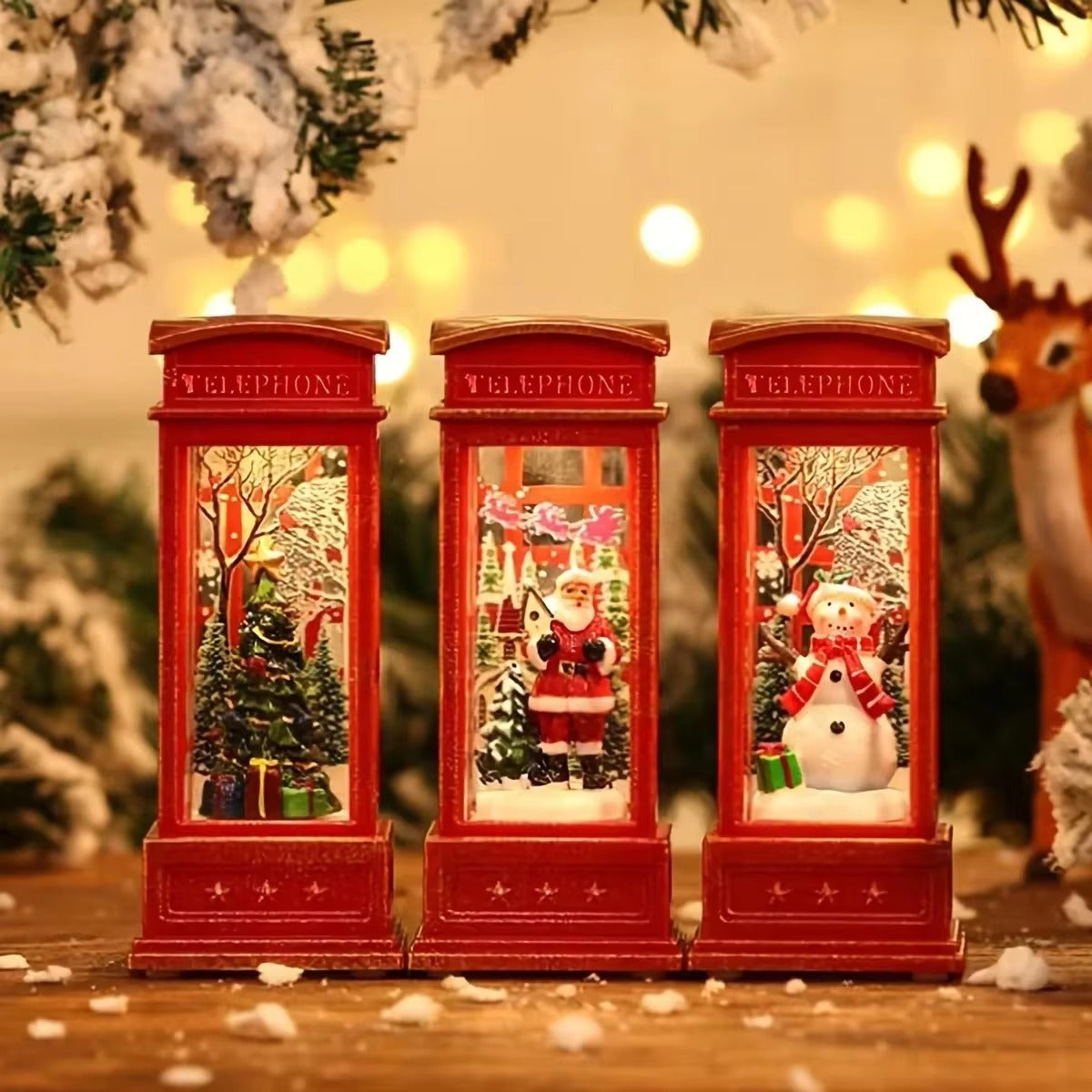 Christmas Telephone Lantern with Snowman & Tree