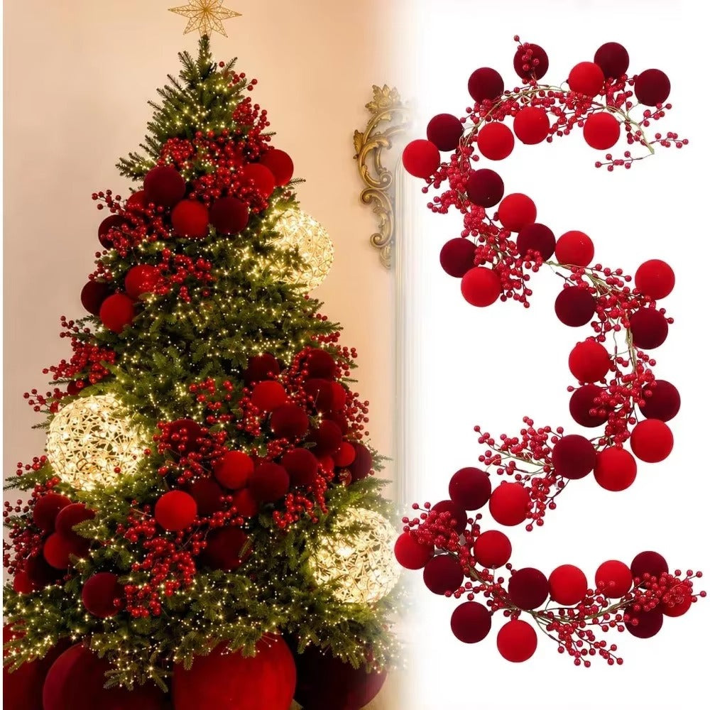 Christmas Red Velvet Ball Garland with Berries
