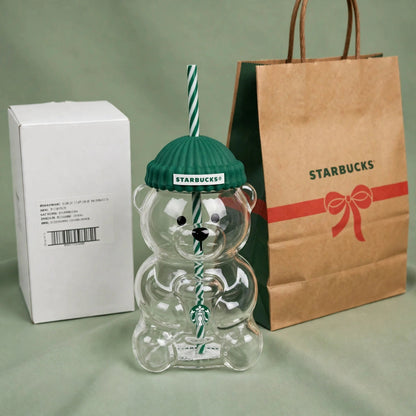 Starbucks Bearista Bear Glass Cup - 16oz / 470ml - Green Knit Beanie Collection - Double Wall Glass with Straw - Luxury Edition