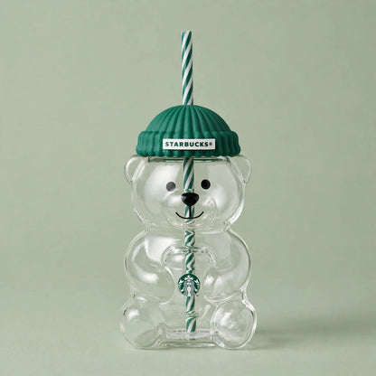 Starbucks Bearista Bear Glass Cup - 16oz / 470ml - Green Knit Beanie Collection - Double Wall Glass with Straw - Luxury Edition